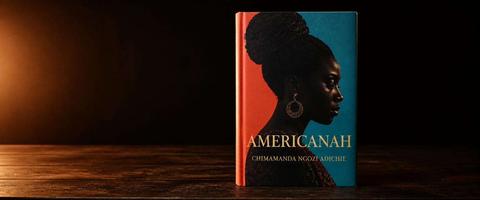 3D mock up of the book cover for Americanah by Chimamanda Ngozi Adichie