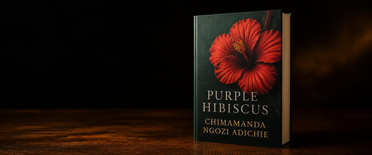 3D mock up of the book cover for Purple Hibiscus by Chimamanda Ngozi Adichie